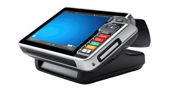 Payment Terminal: A sleek and modern payment terminal, capturing the essence of contemporary point-of-sale technology, ready to process transactions.