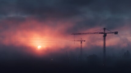 Fototapeta premium Dramatic construction site at dawn with fog and vibrant lighting long title A construction site silhouetted against a moody fog shrouded sky at
