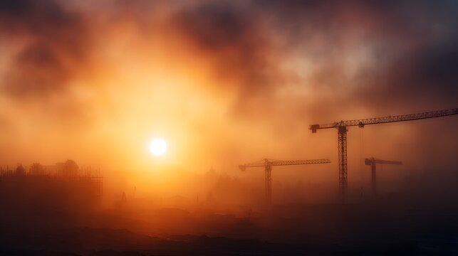 Dramatic construction site at dawn with fog and warm lighting