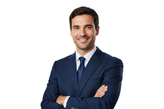 Confident businessman in blue suit with arms crossed - Powered by Adobe