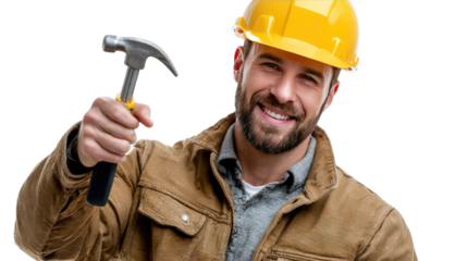 Construction worker holding hammer: A portrait of a skilled construction worker, beaming with confidence, presents a gleaming hammer.