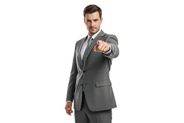 Confident businessman in grey suit pointing forward