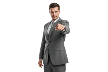 Confident businessman in grey suit pointing forward