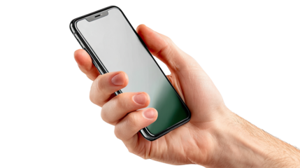 Holding phone: A close-up shot of a hand cradling a sleek, modern smartphone, displaying a blank screen, ready for your content.