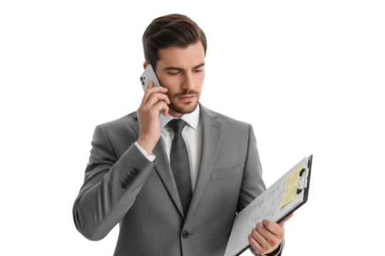 Businessman talking on phone while reviewing clipboard notes