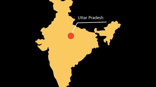 Uttar Pradesh map animated video.Location in India highlighted color with black background in video format, Map of India . Map with artificial intelligence concept.