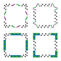 Ribbon frame border. Paw print pattern. Square decorative ornament. Vector pet design.