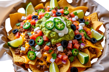  loaded nachos with ground beef, cheese, guacamole, salsa, jalapenos, olives, and lime wedges isolated on transparent background