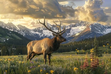 Majestic elk in mountain meadow sunset