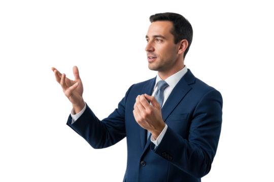 Businessman in blue suit gesturing while speaking