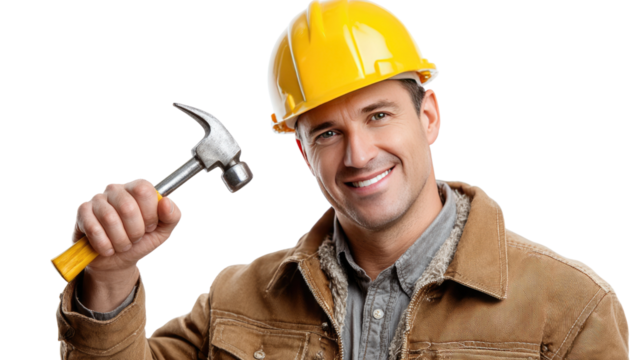 The Smiling Construction Worker: A construction worker, smiles confidently while brandishing a hammer and wearing a protective helmet. Embodying strength and capability. 