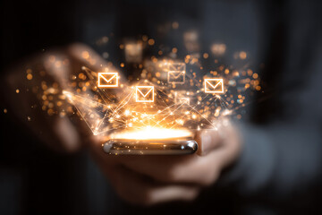 Seamlessly connect and communicate globally with instant digital message delivery visualized through glowing network lines and email icons emanating from a smartphone