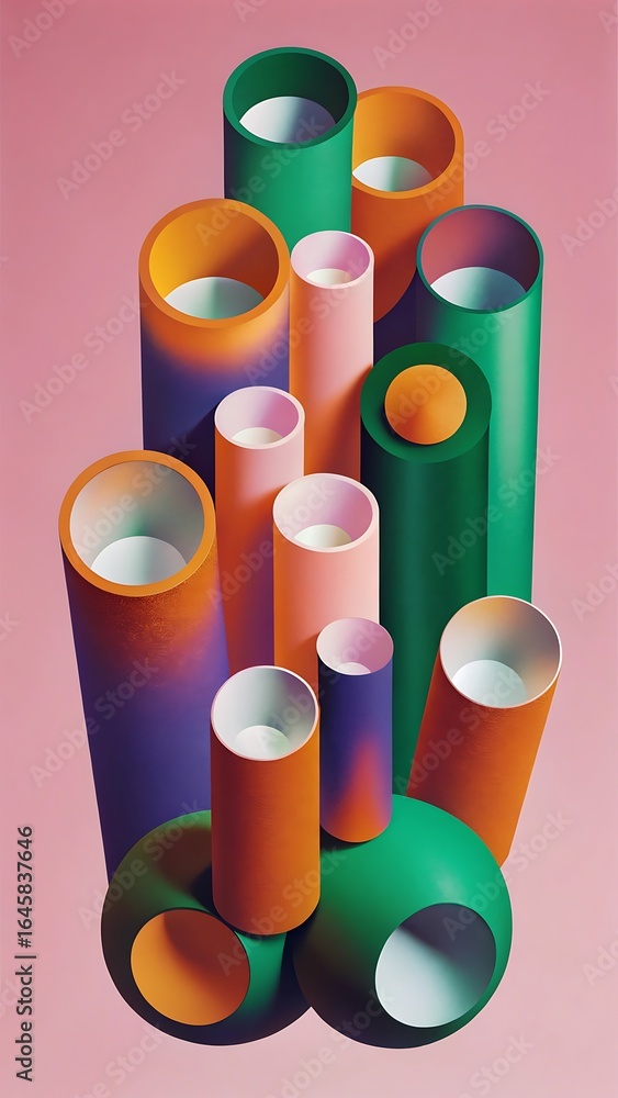 Fototapete abstract composition of colorful cylinders with a pink background creating a visually interesting an