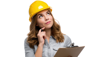 Contemplative Female Engineer: A focused female engineer ponders thoughtful questions while holding a clipboard, ready to assess with precision, wearing a bright yellow helmet.