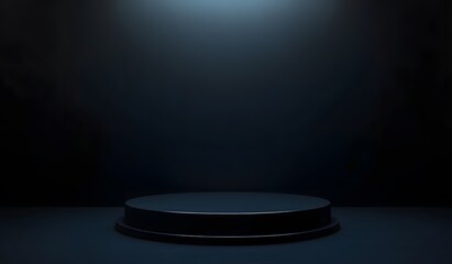 Minimalist blue background for product presentation with an empty round podium in the center, 3D rendering.