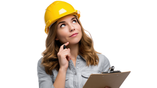 Contemplative Female Engineer: A focused female engineer ponders thoughtful questions while holding a clipboard, ready to assess with precision, wearing a bright yellow helmet.