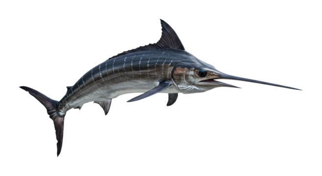 Swordfish swimming gracefully in open ocean marine life high-definition underwater environment dynamic viewpoint. Cut out png