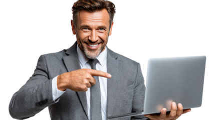 Confident Professional with Laptop: A distinguished businessperson, immaculately attired in a classic suit, beams with self-assurance as he points to his laptop.