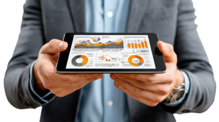 Analysing Business Data: A business professional carefully examines insightful data visualizations on a tablet, indicative of strategic financial analysis and corporate decision-making