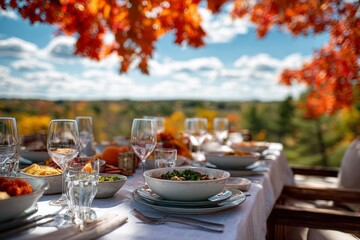 Fototapeta premium Autumnal Dining Experience with Colorful Leaves and Delicious Dishes Set Against a Scenic Landscape Background