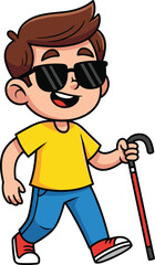 Cartoon blind boy walking with red and white cane, wearing sunglasses and yellow shirt, accessibility concept, vector illustration, cad drawing flat vector illustration