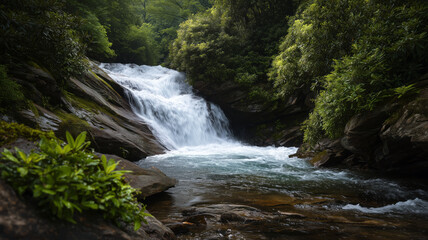 Obraz premium Rushing waterfall and serene river lush forest nature scene peaceful environment scenic view tranquility concept