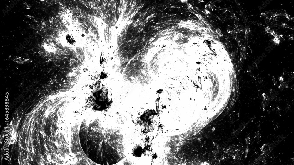 Poster abstract black and white cosmic explosion effect with swirling energy waves and splattered ink textu