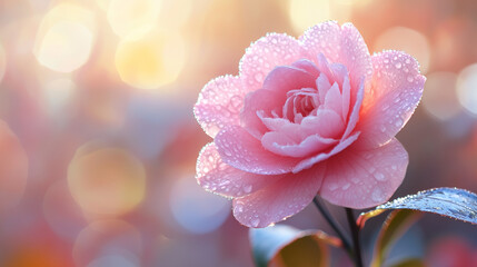Fototapeta premium 朝露をまとったピンク色のサザンカの花/Pink camellia sasanqua flower with morning dew