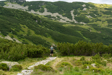 Solo hiker with backpack walking on stone mountain trail overlooking vast green valley with rolling...