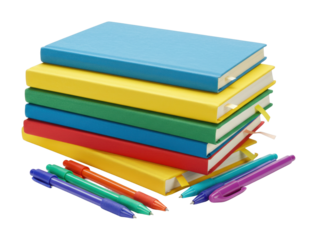 Colorful stationery supplies for study and creativity office space indoor top-down education. Cut out png