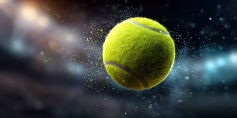 A detailed close-up of a yellow tennis ball captured in motion against a blurred stadium background with bright lights.
