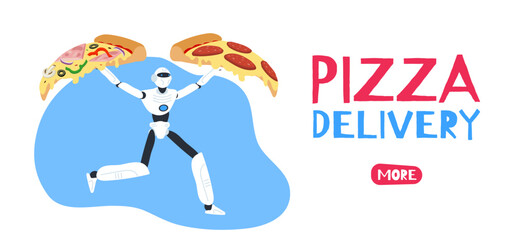 pizza delivery service robot courier carrying big slices web design vector illustration