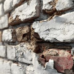 Fototapeta premium Whitewashed Brick Wall with Peeling Plaster Texture, photoreal, soft natural light, high detail, sharp focus, realistic textures