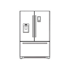 Minimalist black line icon of a modern double-door refrigerator with a bottom freezer drawer, built-in water dispenser, and digital control panel