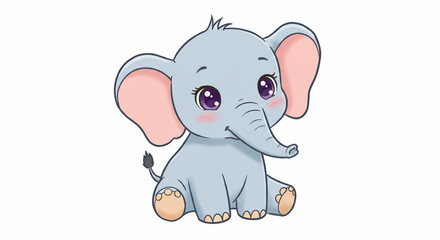 Fototapeta premium A cute, cartoon-style baby elephant with large ears and big, sparkling purple eyes sits on a white background.