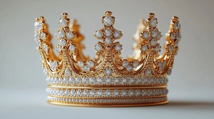 Fototapeta premium 3D rendering golden crown icon: isolated on white background, simple minimalist style, wide-angle lens, bright lighting