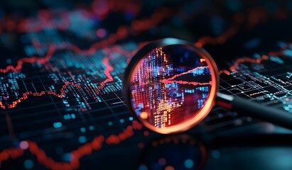 Magnifying glass over a trading chart, with red and blue colors, representing the stock market concept. A 3D rendered illustration,