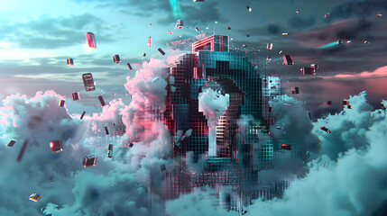 Experience a futuristic cityscape fragmenting and floating amidst ethereal clouds under a dramatic sky, evoking innovation and digital transformation.
