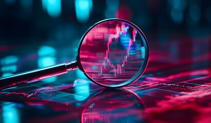 Magnifying glass over a trading chart, with red and blue colors, representing the stock market concept. A 3D rendered illustration, 