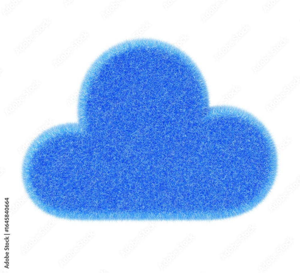 Poster 3d blue fluffy cloud icon. weather forecast symbol with hairy texture. soft plush logo for app or we