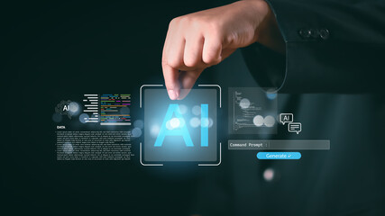 Artificial intelligence concept showing digital AI icon, programming code, and data interface floating above human hand, representing innovation, automation, and future technology.