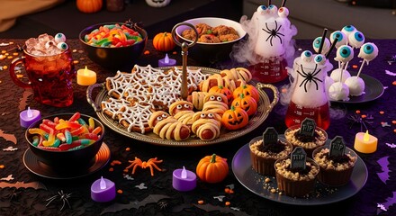 Tabletop Halloween Party Setup with Themed Snacks, Mocktails, and Candy Bowls