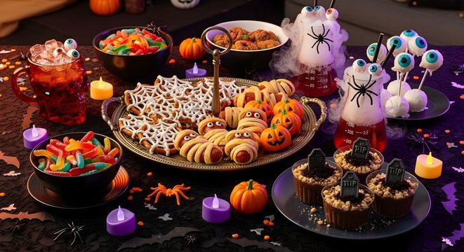 Tabletop Halloween Party Setup with Themed Snacks, Mocktails, and Candy Bowls