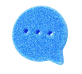 3d blue fur fluffy speech bubble, chat icon for text, message, dialog. Soft fuzzy web notification symbol with hairy texture. Circle communication social dialogue banner frame render
