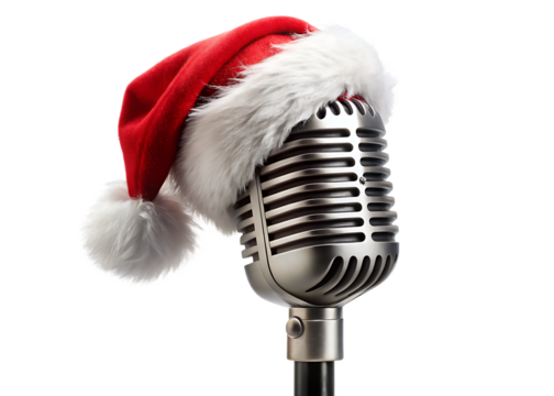  vintage mic with santa hat  isolated on white background PNG , AI GENERATED