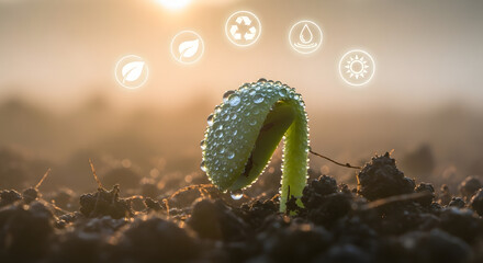 Hopeful green sprout emerging from rich soil, glistening with morning dew drops, under a warm sunrise, symbolizing growth, sustainability, and new beginnings with eco-icons above.