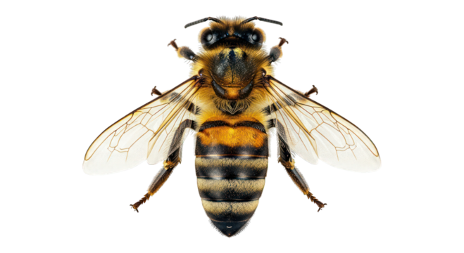 Detailed close-up of a honeybee showing wings and body against black background
