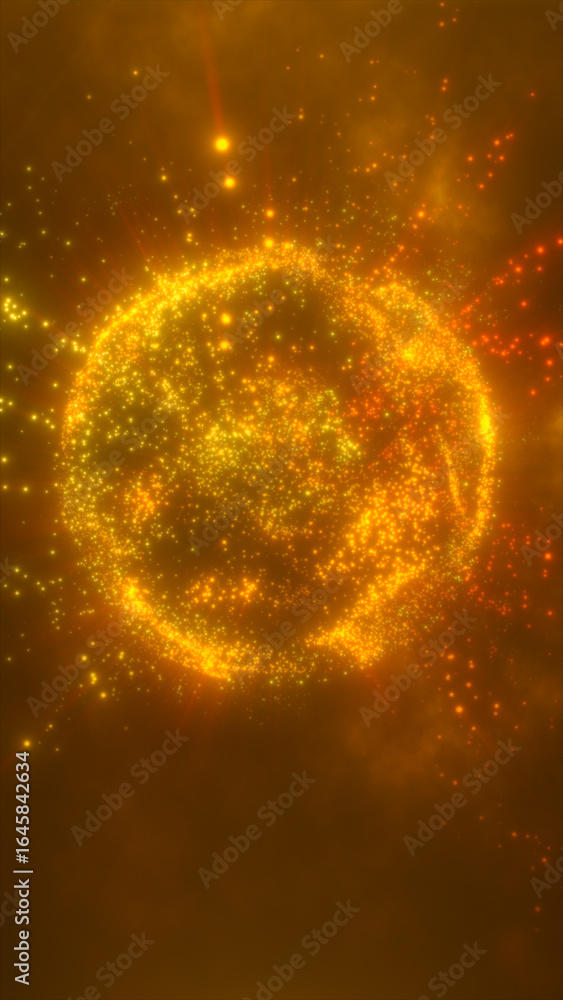 Poster exploding abstract sphere made of glowing orange and yellow particles in a dark space