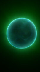 Abstract green glowing orb or planet with atmospheric haze on a dark background, symbolizing mystery, space, and energy