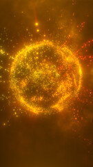 Exploding abstract sphere made of glowing orange and yellow particles in a dark space